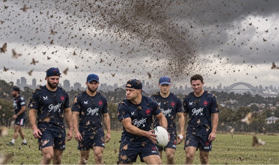 Rugby league players training on a field beneath a swirling cloud of moths.