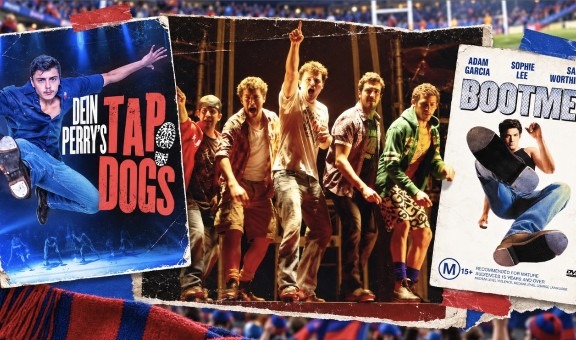 Tap Dogs and Bootmen posters either side of a line of tap dancers on stage.